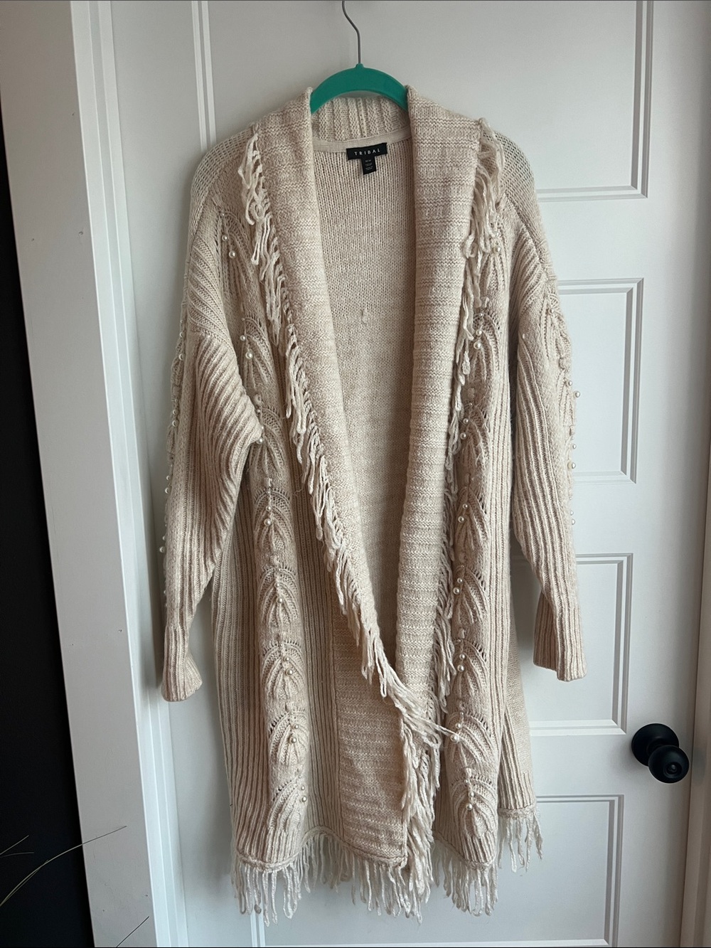 Tribal Cream Fringe Knit Open-Front Cardigan